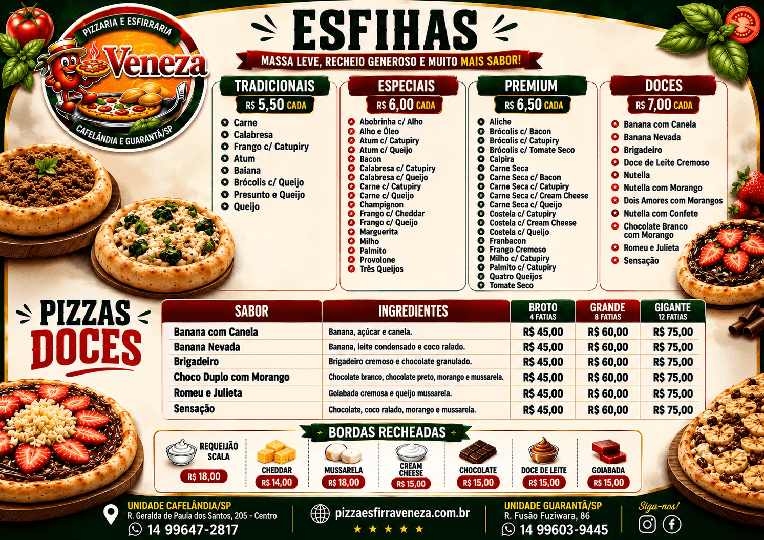Cardápio Veneza: esfihas, pizzas doces e bordas recheadas