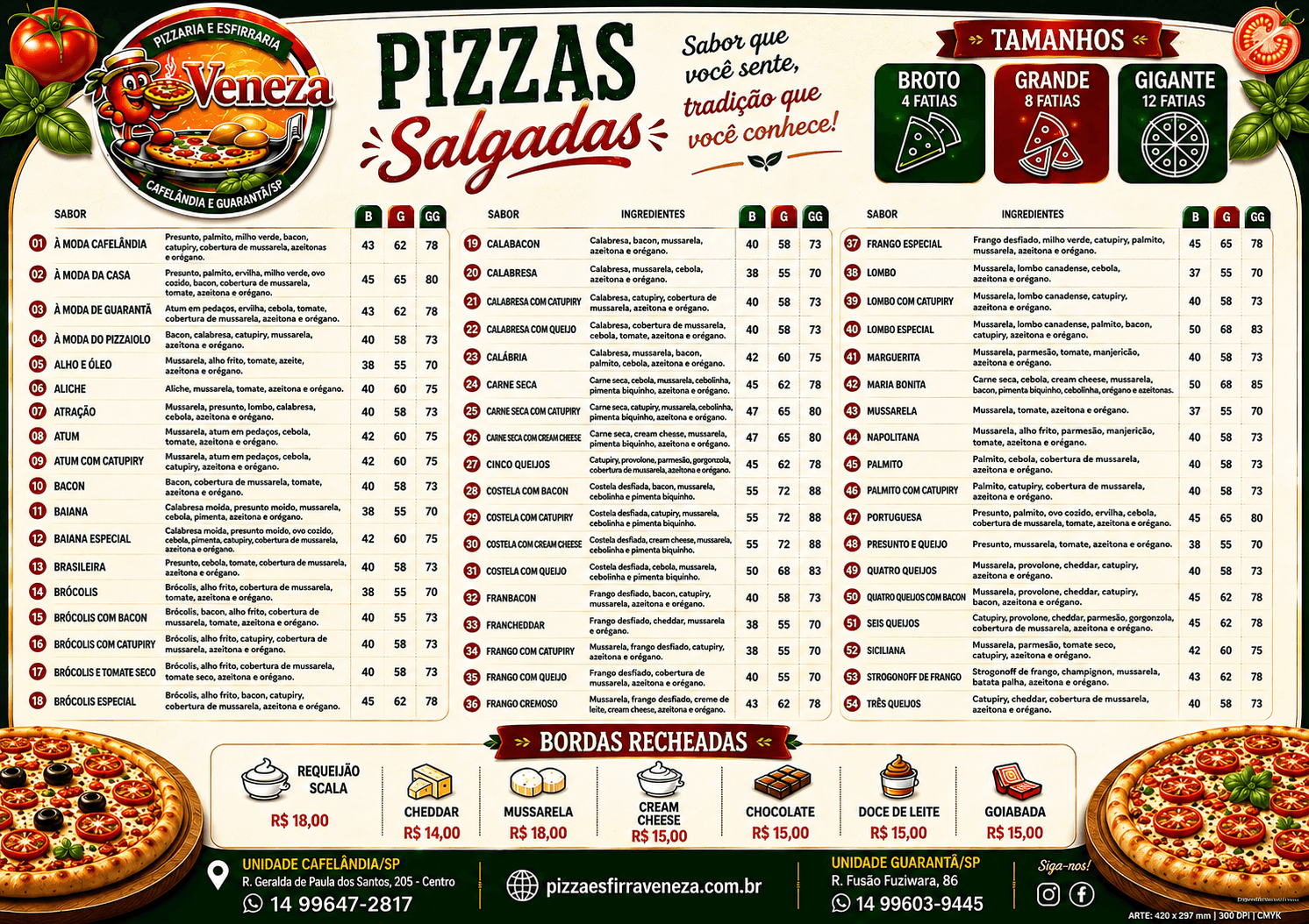 Cardápio Veneza: pizzas salgadas, tamanhos, sabores e bordas recheadas